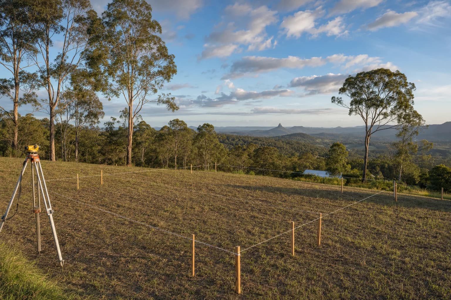 Profile pegs and string lines setting out a building footprint on a sloping rural block