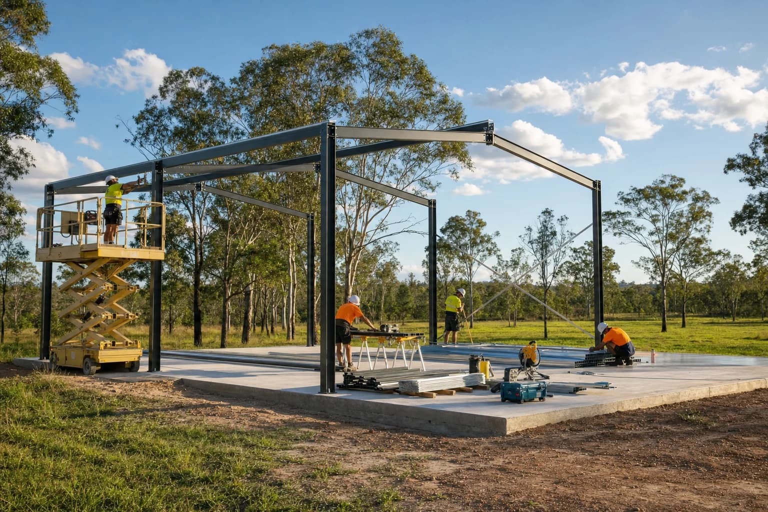 Steel shed frame going up on a new concrete slab, with a crew working from a lift