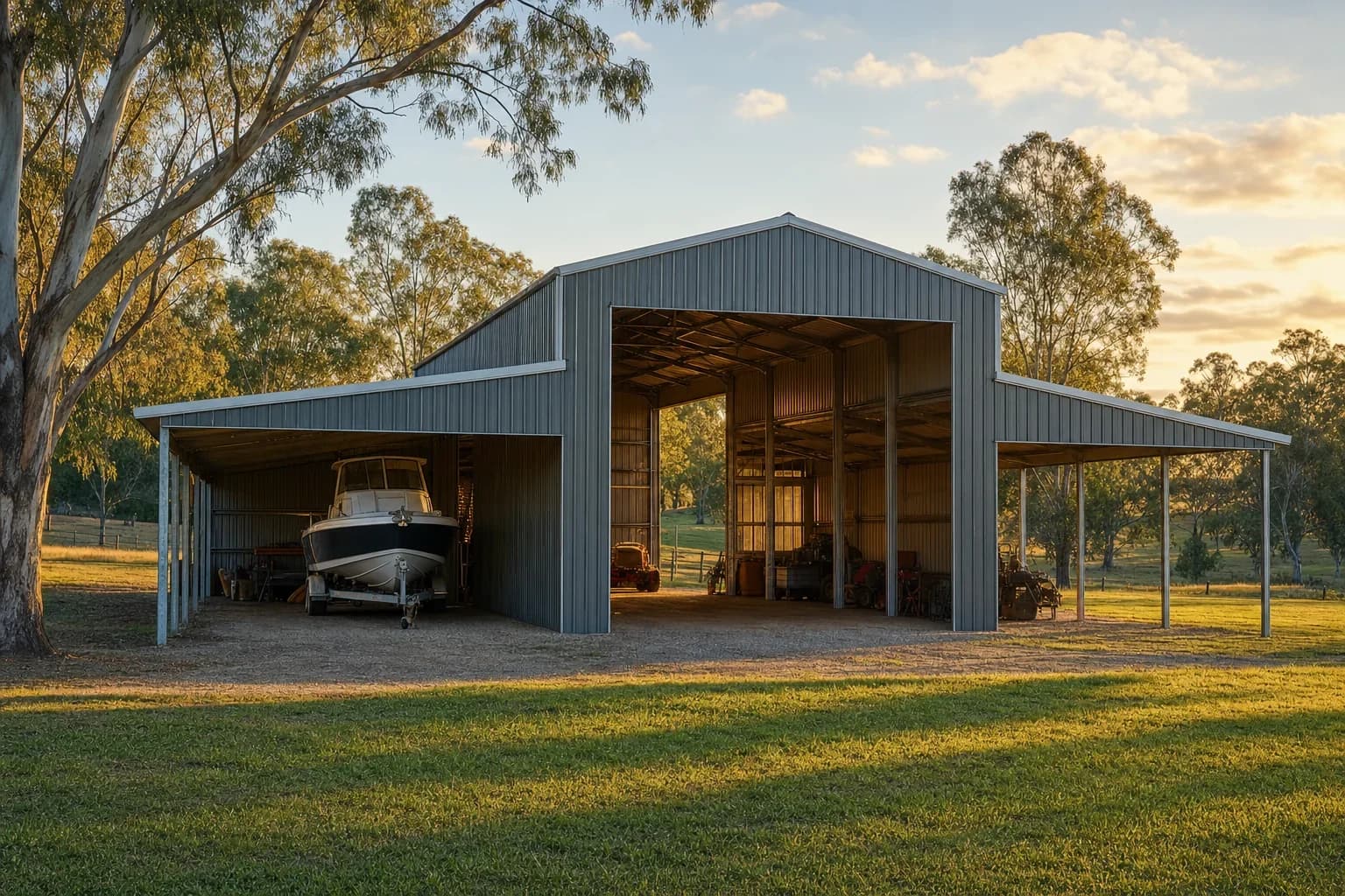 An American barn shed on a Queensland acreage, tall centre bay with lean-to awnings down both sides