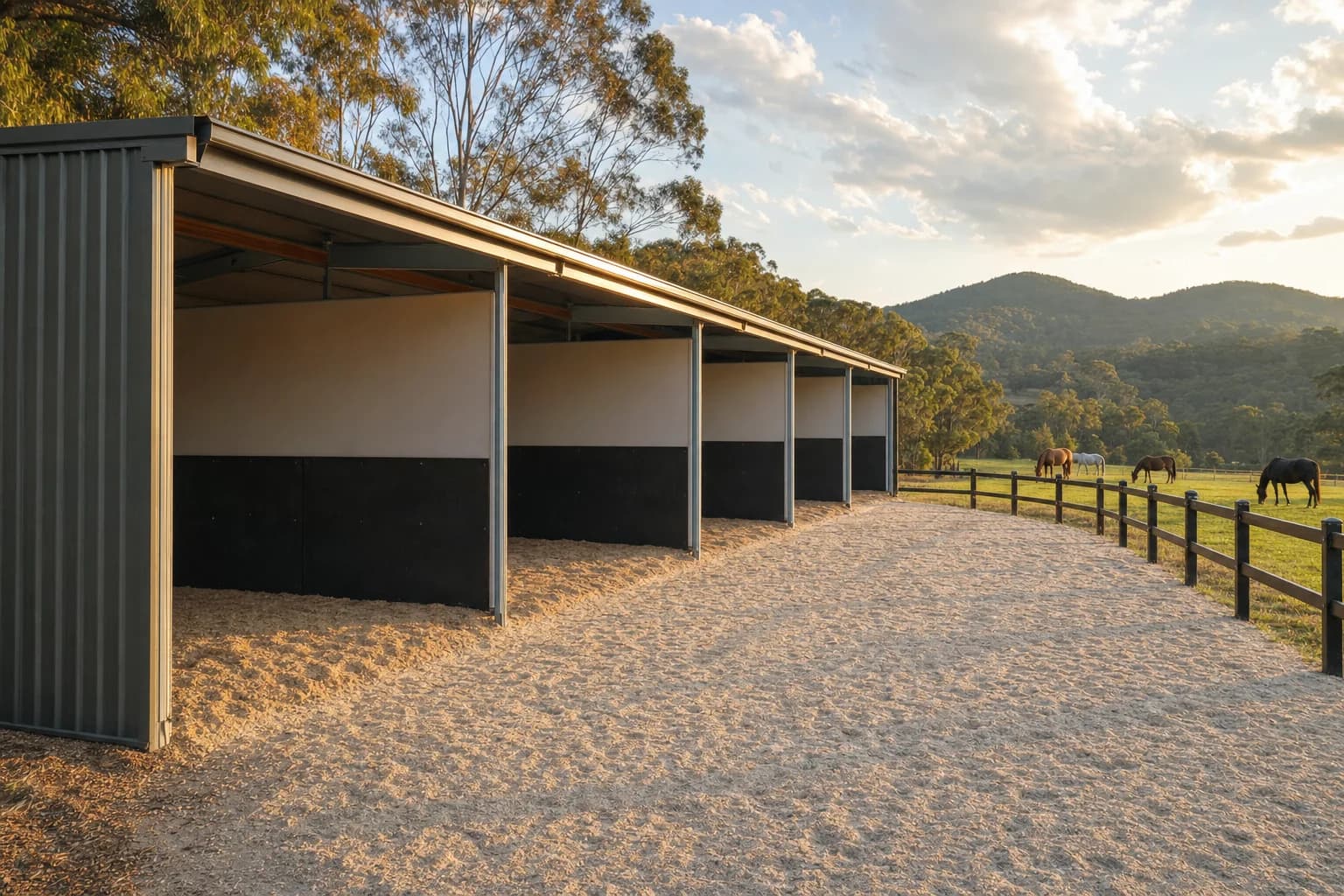 A row of open fronted horse shelters along a fence line on a Gold Coast hinterland property