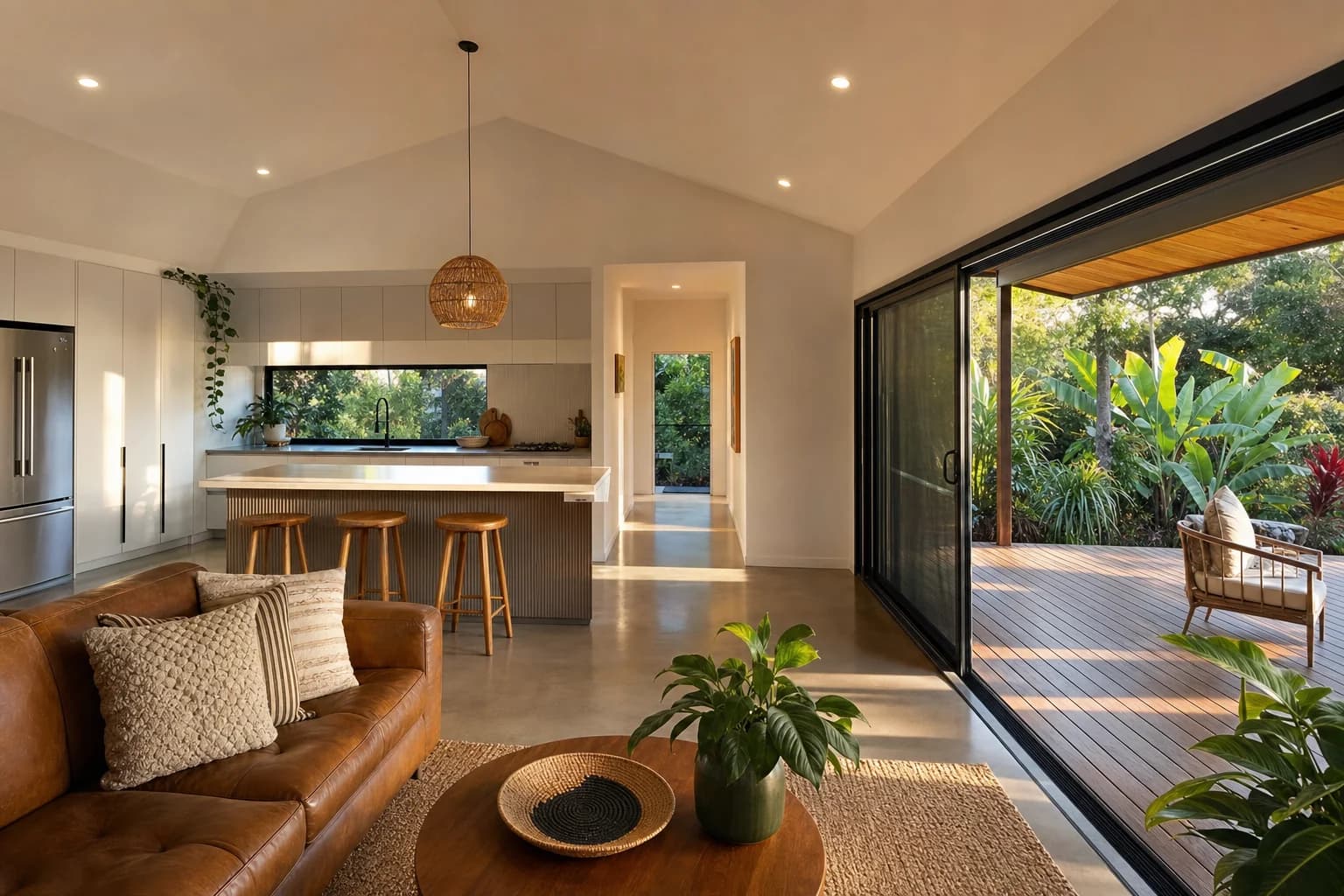 Inside a finished liveable shed home, lined walls and a raked ceiling over an open plan kitchen and living space