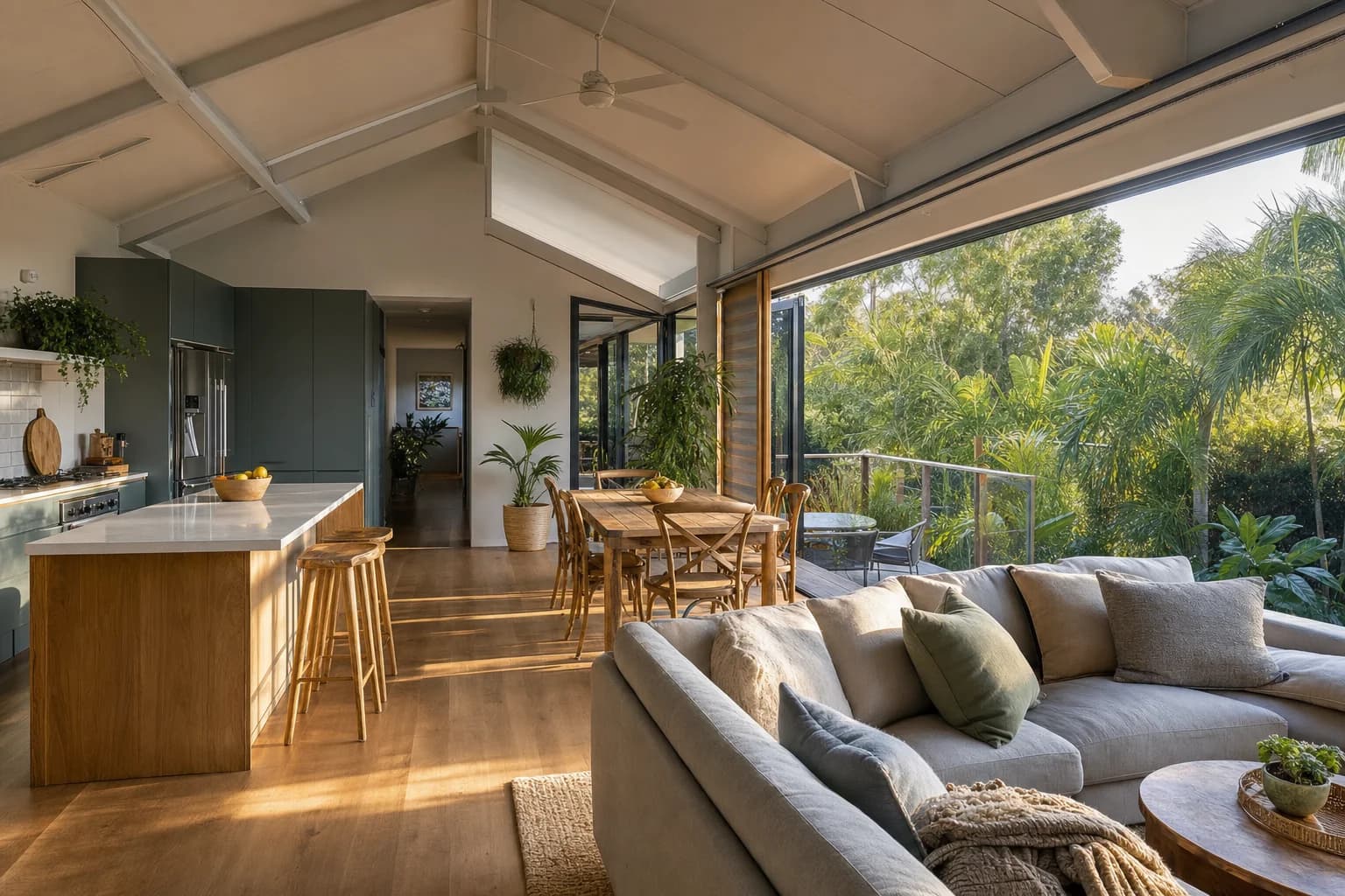 Interior of a liveable shed home with open plan kitchen and living area