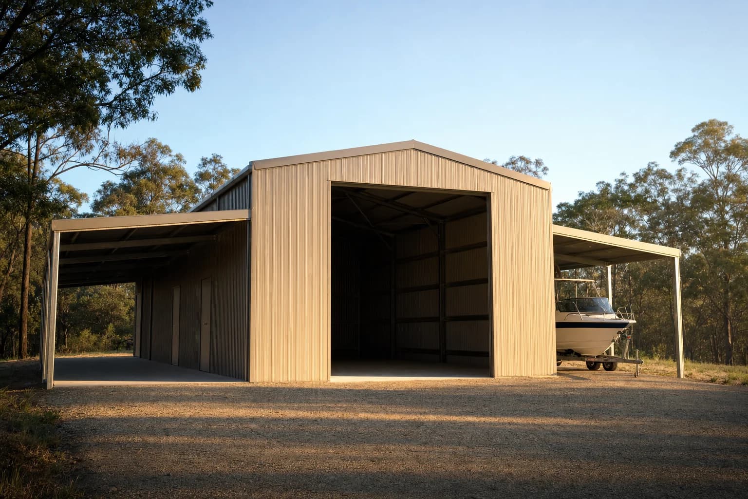 Barn style shed from the end, tall centre bay with lean-to awnings down both sides