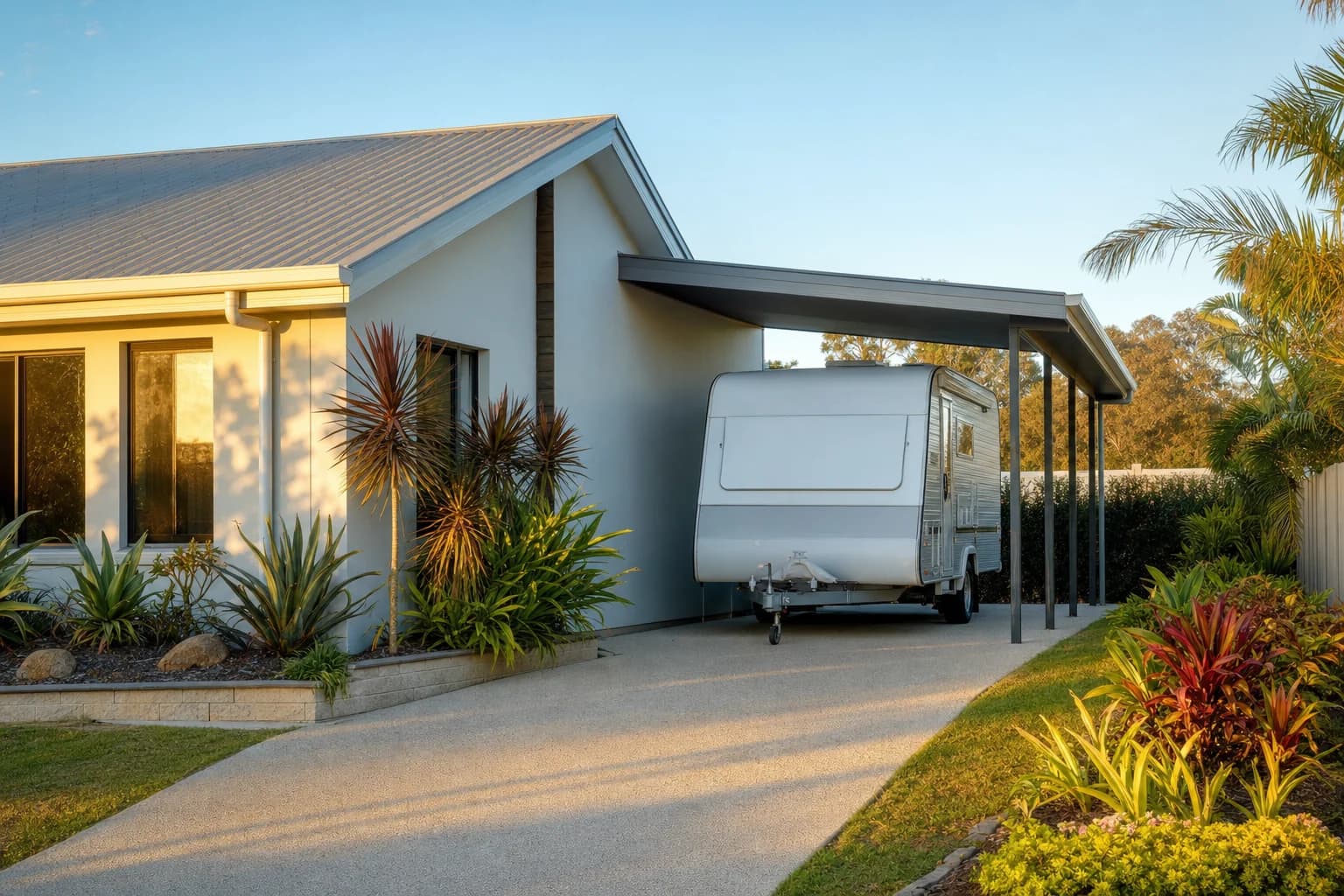 Carport attached to a house with a caravan parked underneath