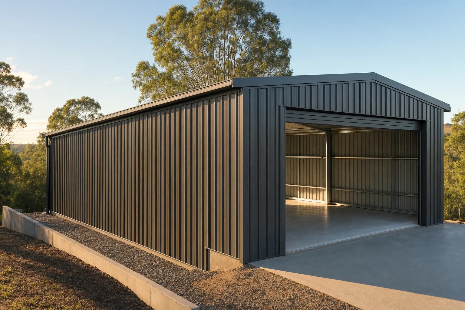 Charcoal steel shed on a block that falls away, with a low retaining wall beside the slab