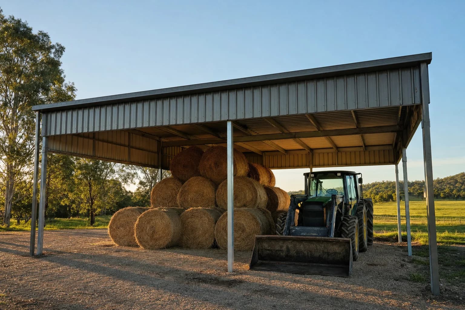Open bay farm shed with round hay bales under one bay and a tractor under the next