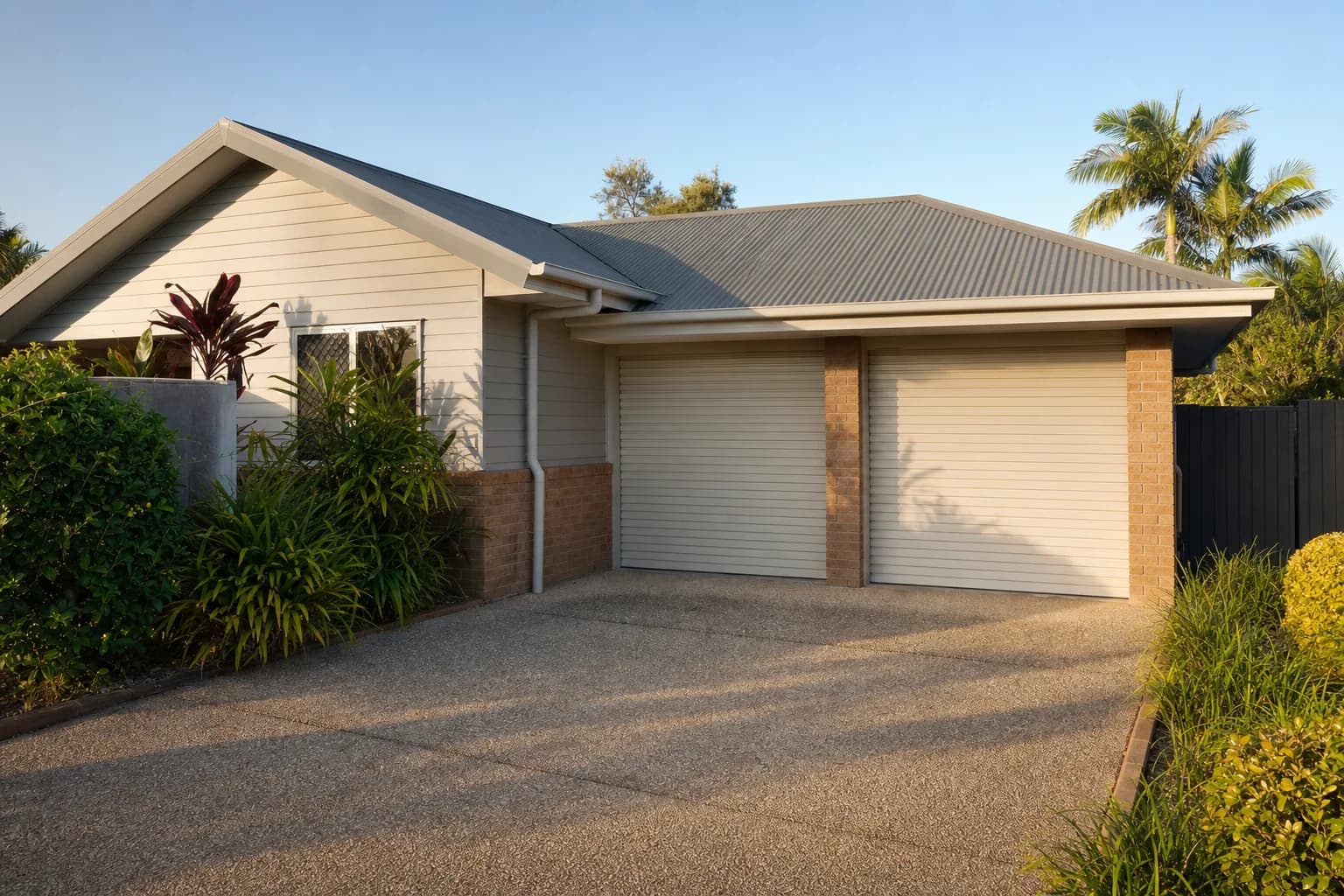 Double garage attached to a house, roof pitch and colour matched, two roller doors closed