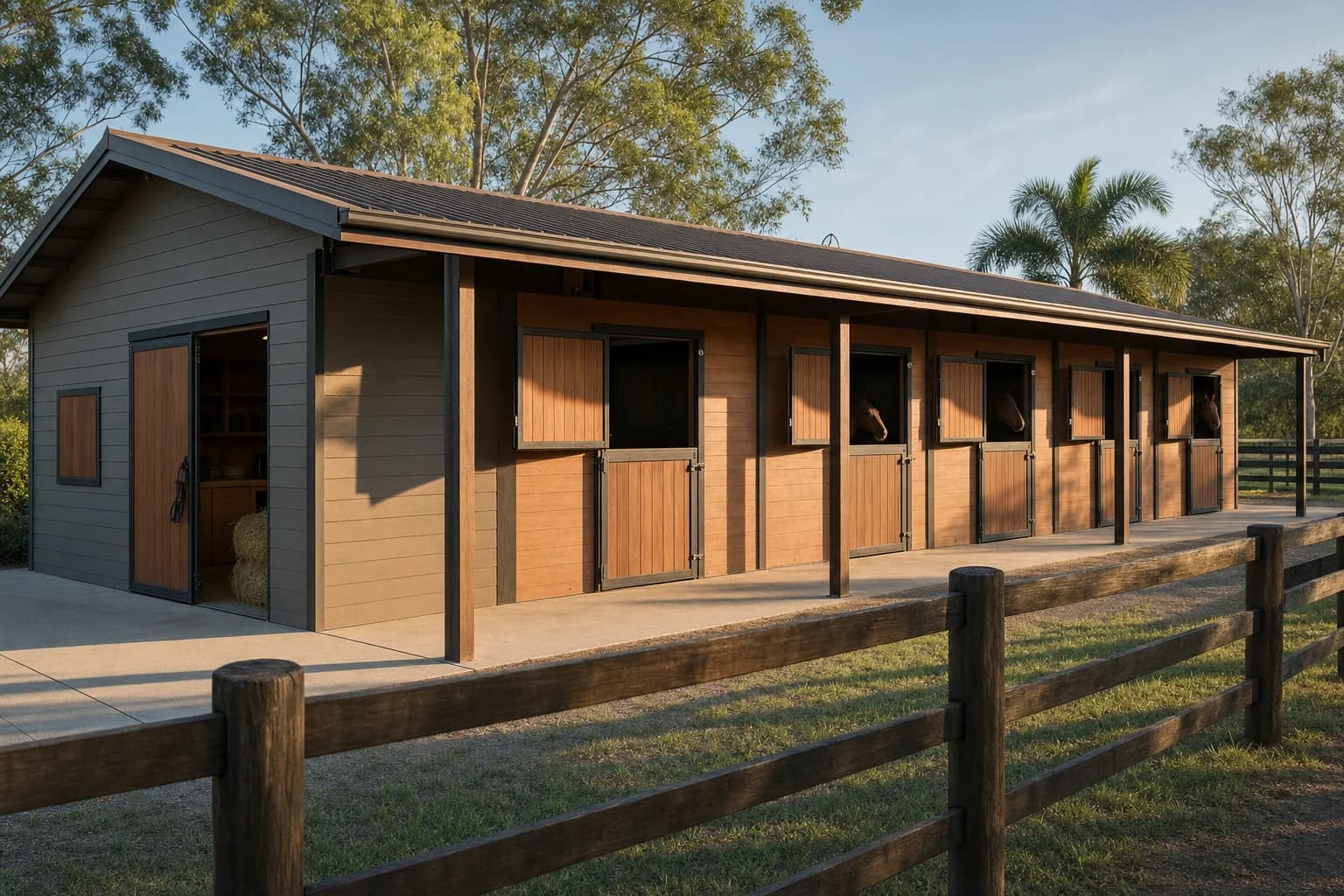 Row of stable boxes with open top doors beside a feed and tack room
