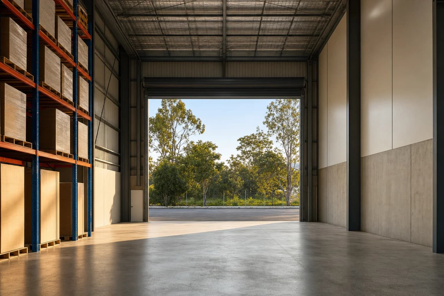 Interior of a tall clearspan industrial shed with pallet racking and a wide concrete floor