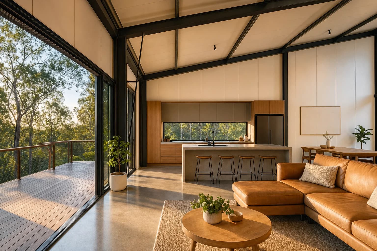 Open plan living and kitchen inside a liveable shed with a raked ceiling and glass doors to a deck