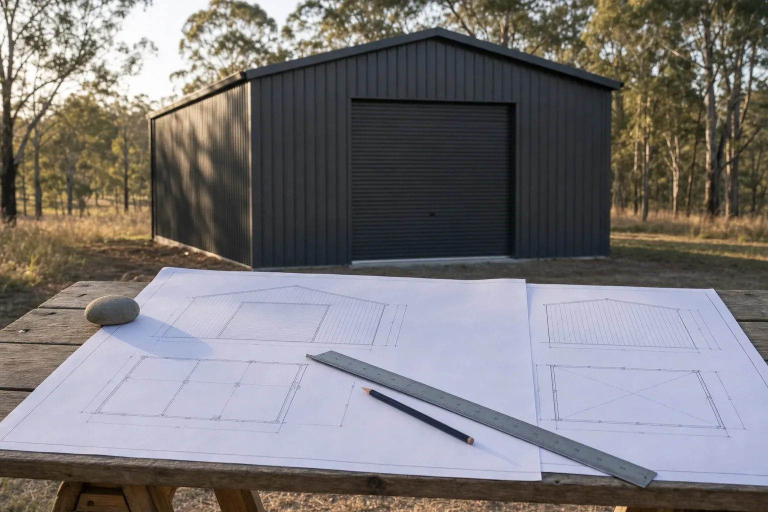 Shed plan and elevation drawings on a timber table, with a finished charcoal steel shed behind