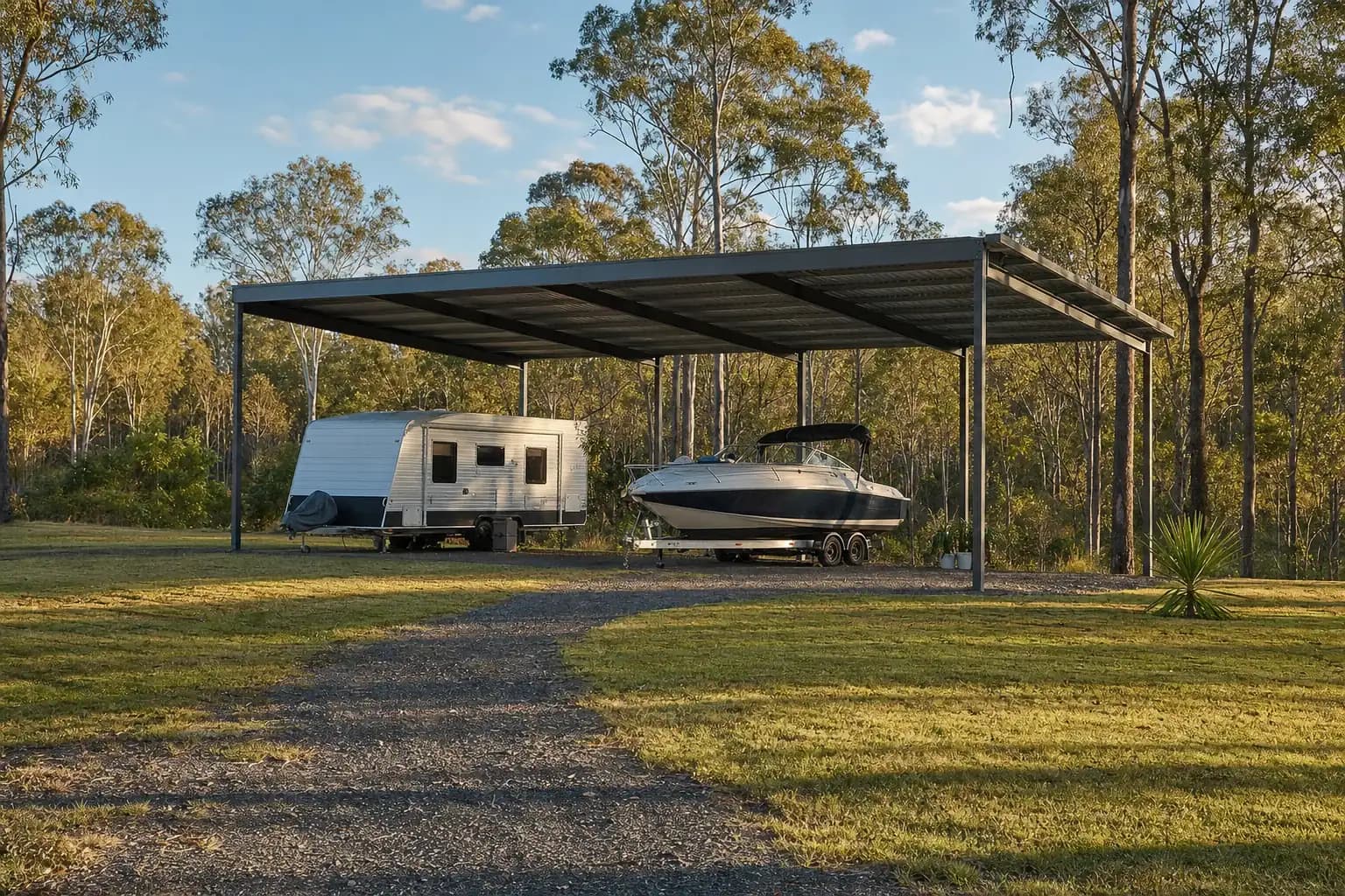 Open steel boat and caravan port on a larger Coomera block, with a caravan and a boat parked under it