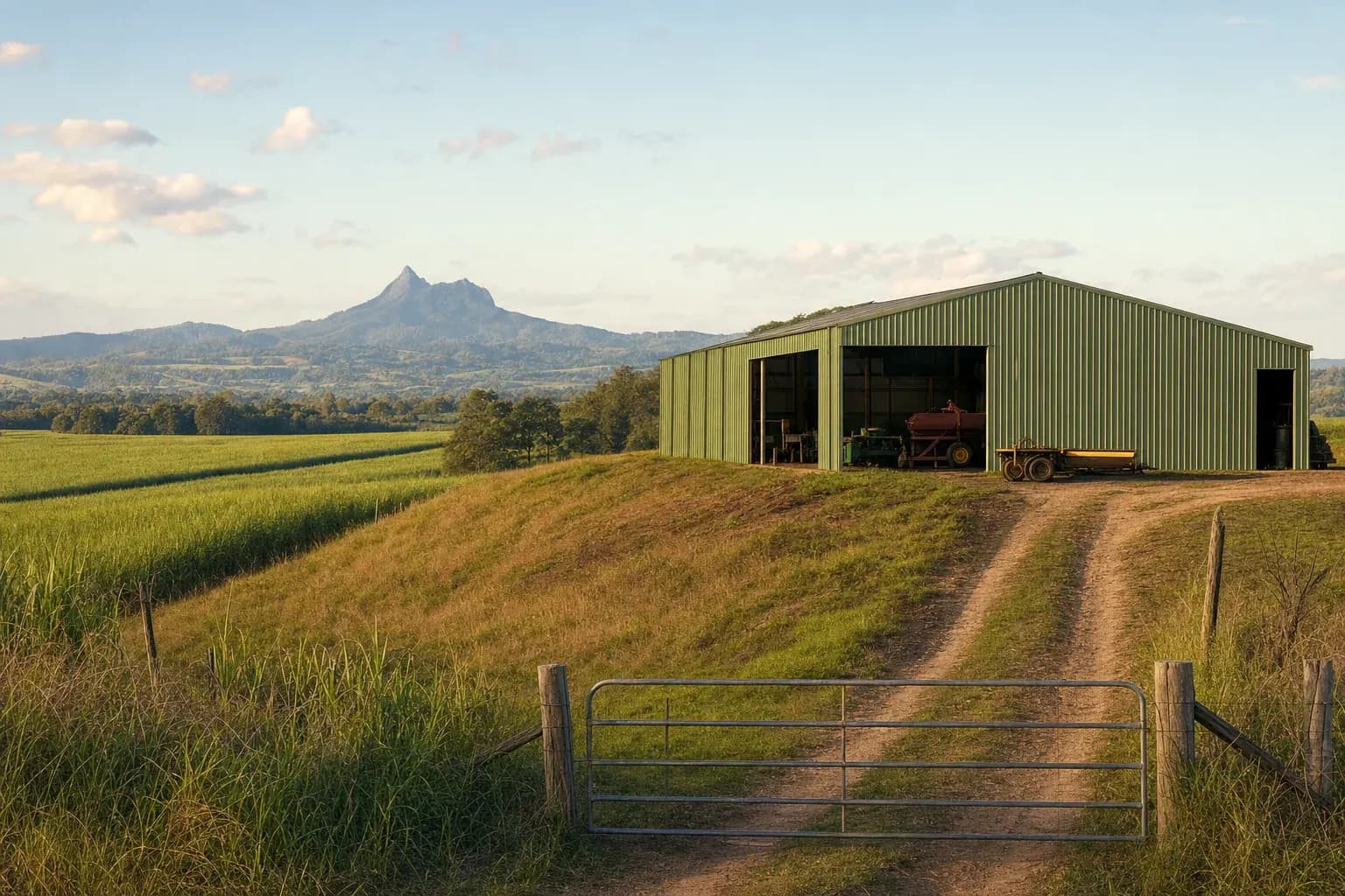 Green farm machinery shed on high ground above cane fields near Murwillumbah, Mount Warning behind